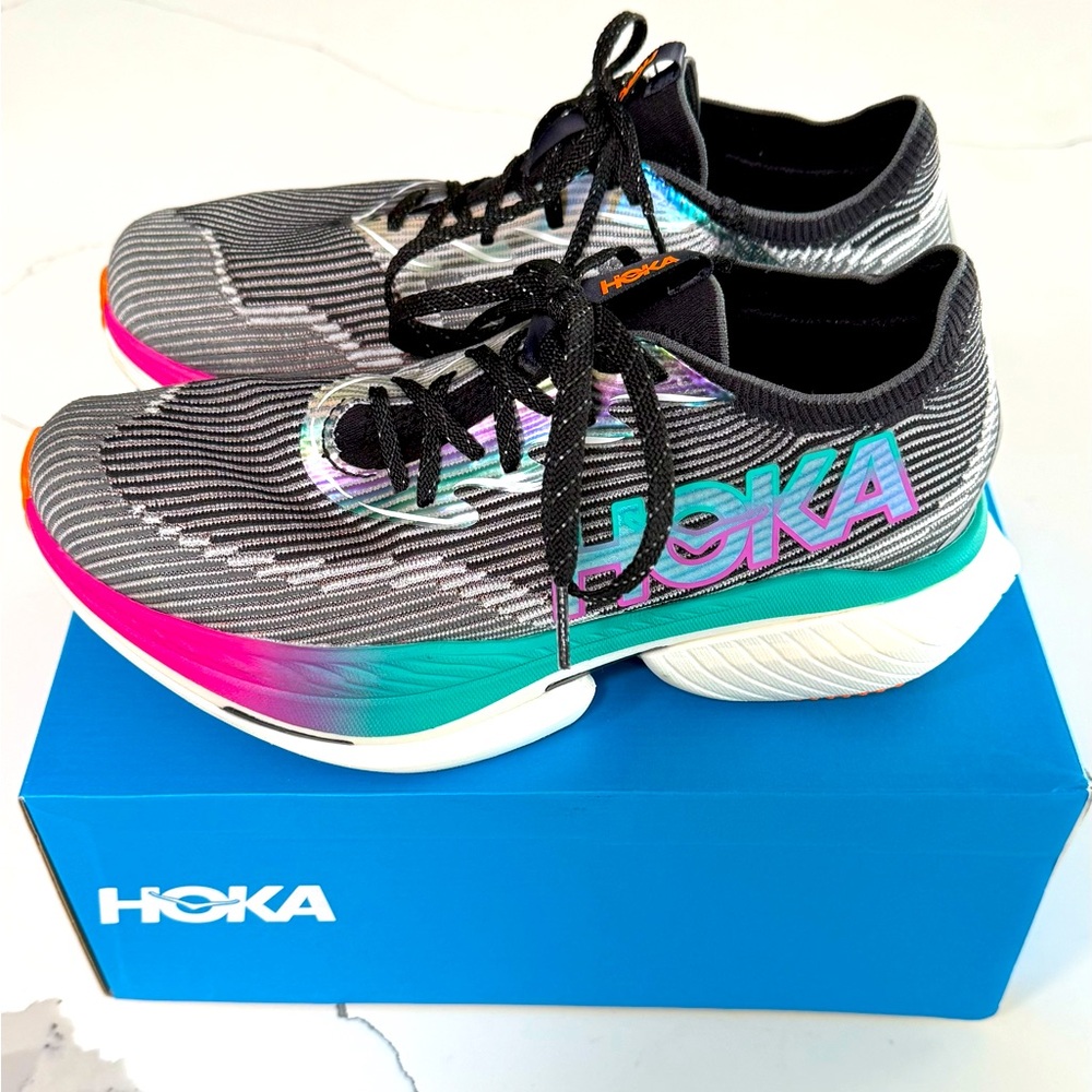 Hoka U Cielo X1 Racing Shoes — Gray Upper with Pink, Teal & Orange Accents